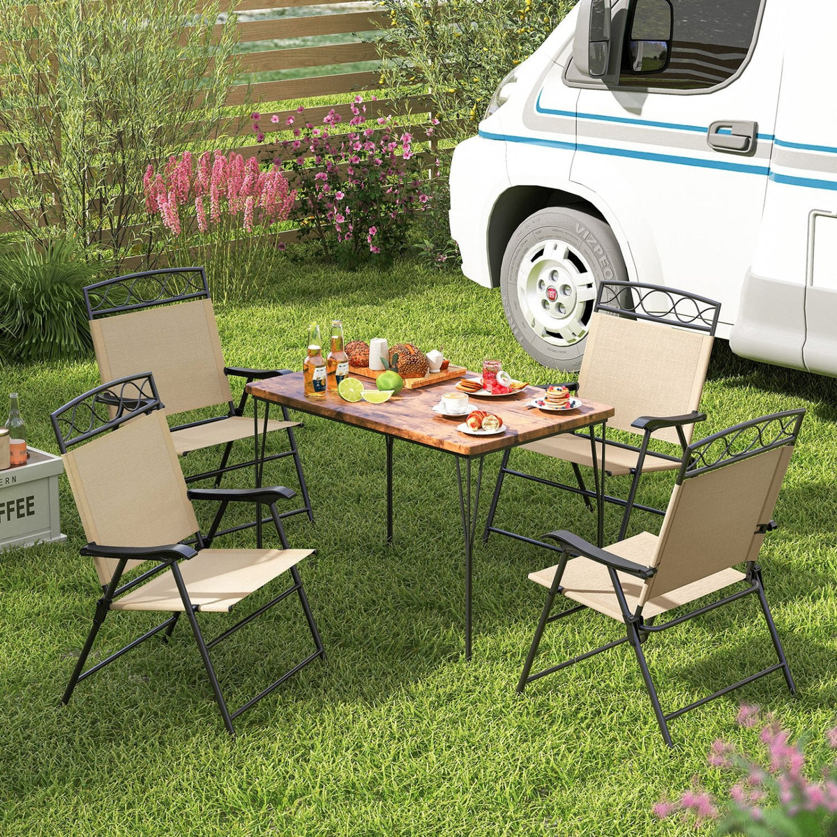 Set of 4 Patio Folding Chairs Set Dining Chairs with Armrests-Beige