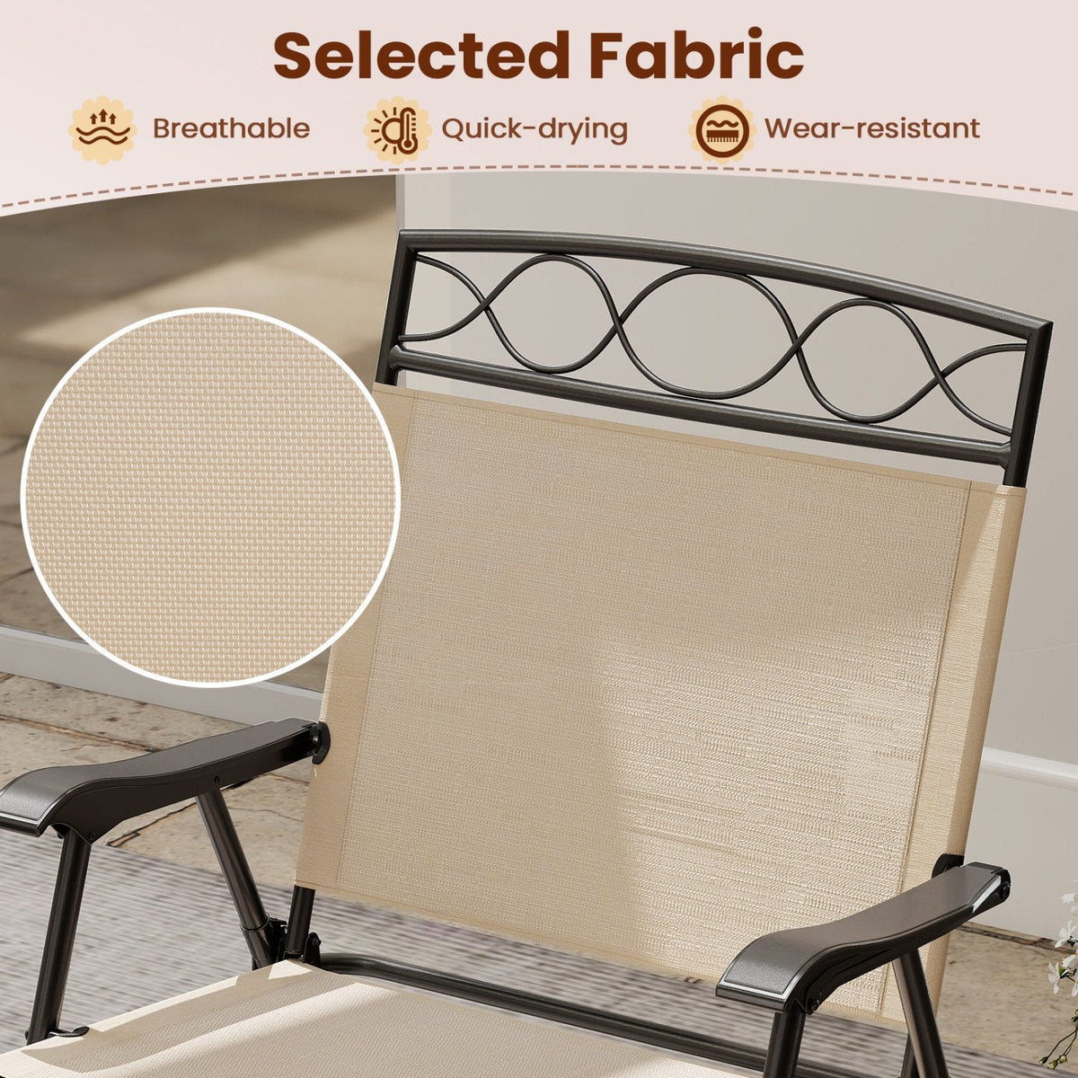 Set of 4 Patio Folding Chairs Set Dining Chairs with Armrests-Beige