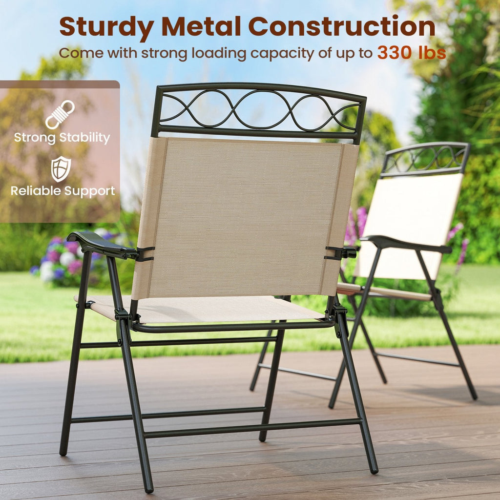 Set of 4 Patio Folding Chairs Set Dining Chairs with Armrests-Beige