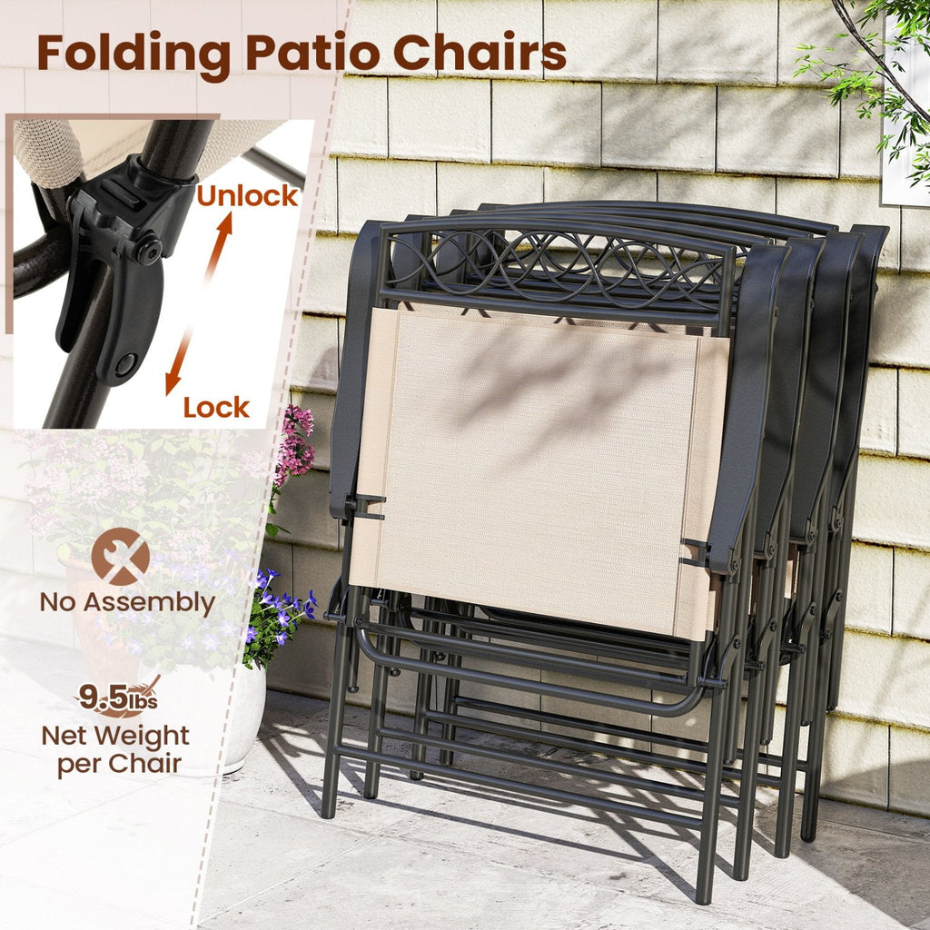 Set of 4 Patio Folding Chairs Set Dining Chairs with Armrests-Beige
