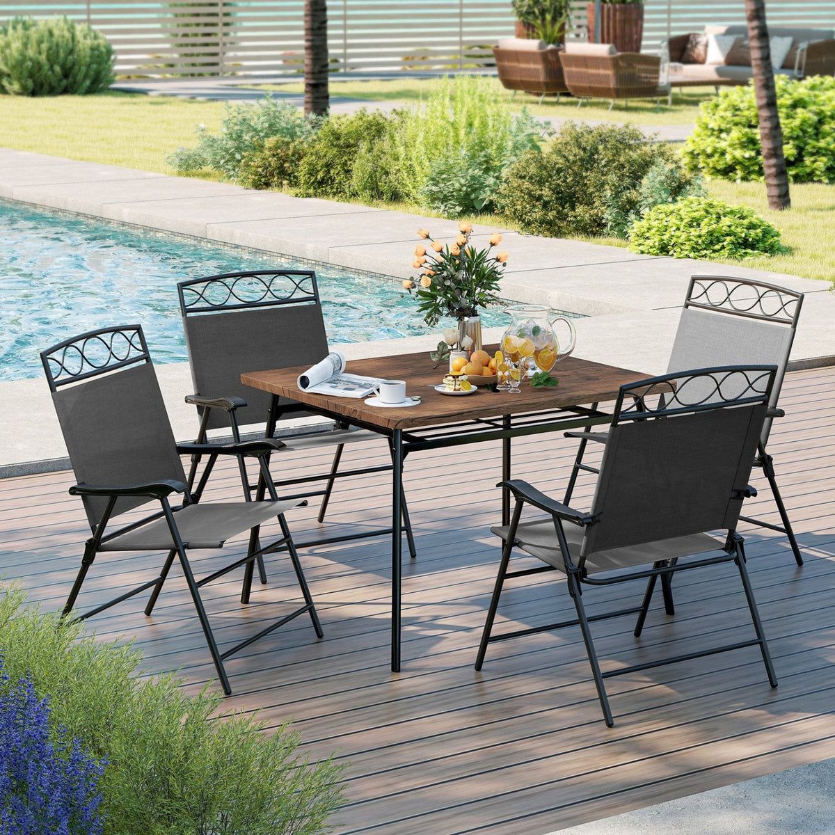 Set of 4 Patio Folding Chairs Set Dining Chairs with Armrests-Gray
