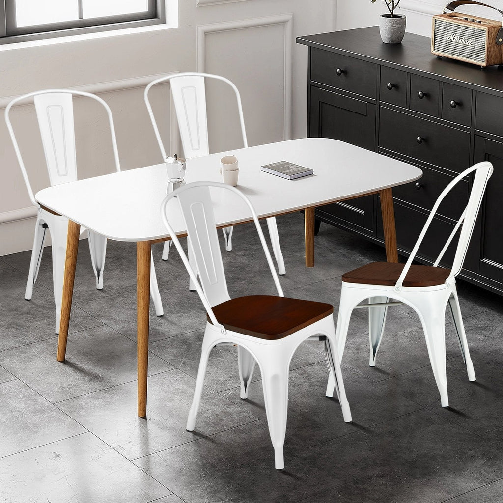 Set of 4 Metal Dining Chairs with Elm Wood Seat and Removable Backrest, White