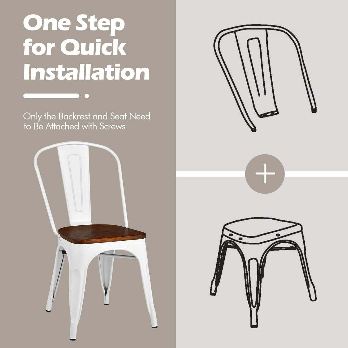 Set of 4 Metal Dining Chairs with Elm Wood Seat and Removable Backrest, White