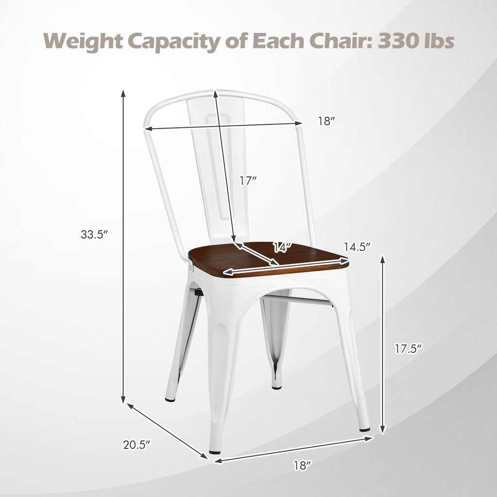 Set of 4 Metal Dining Chairs with Elm Wood Seat and Removable Backrest, White