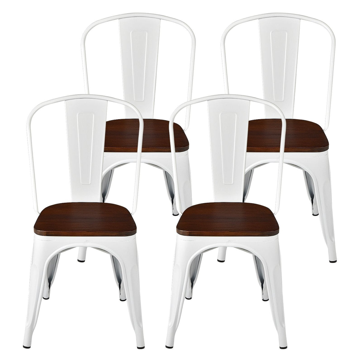 Set of 4 Metal Dining Chairs with Elm Wood Seat and Removable Backrest, White
