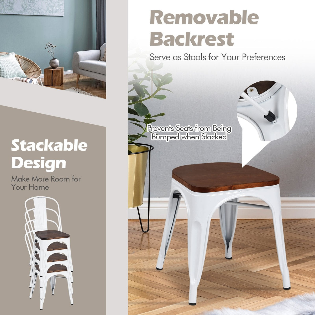 Set of 4 Metal Dining Chairs with Elm Wood Seat and Removable Backrest, White