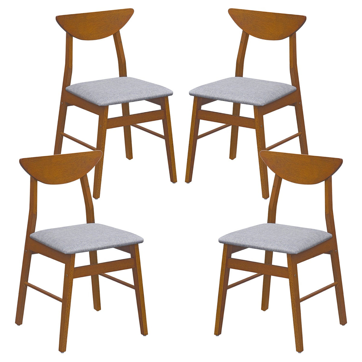 Set of 4 Walnut Dining Chairs with Curved Backrest and Padded Grey Seat