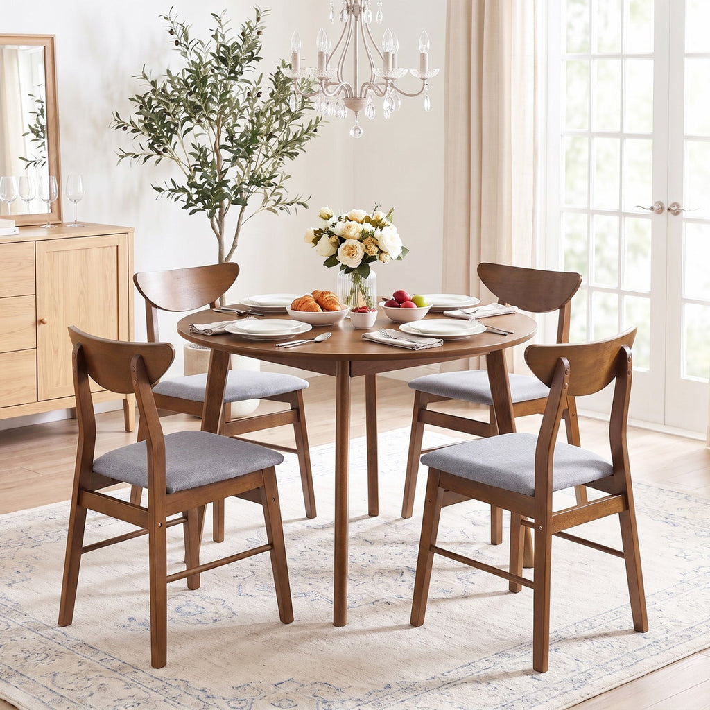 Set of 4 Walnut Dining Chairs with Curved Backrest and Padded Grey Seat