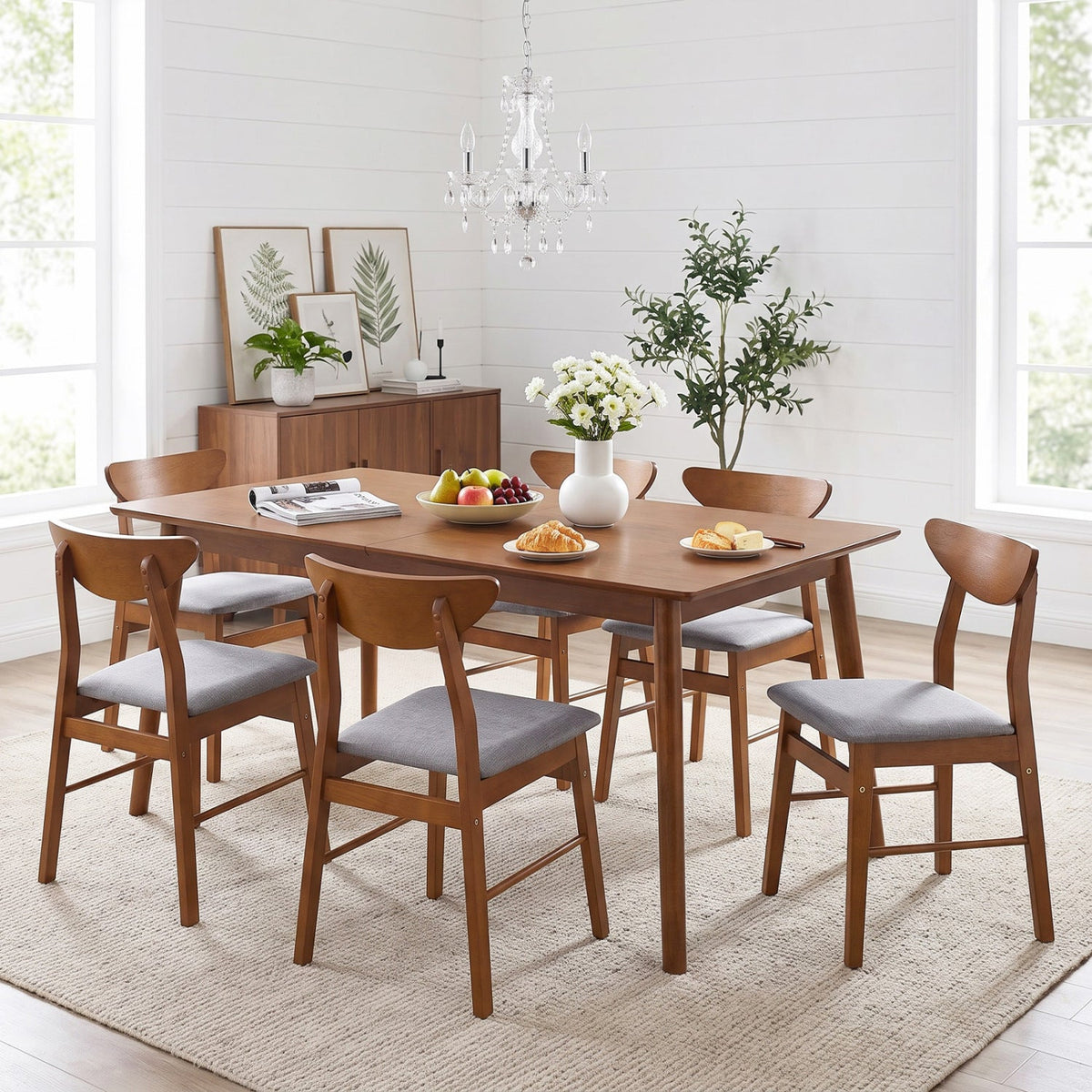 Set of 4 Walnut Dining Chairs with Curved Backrest and Padded Grey Seat