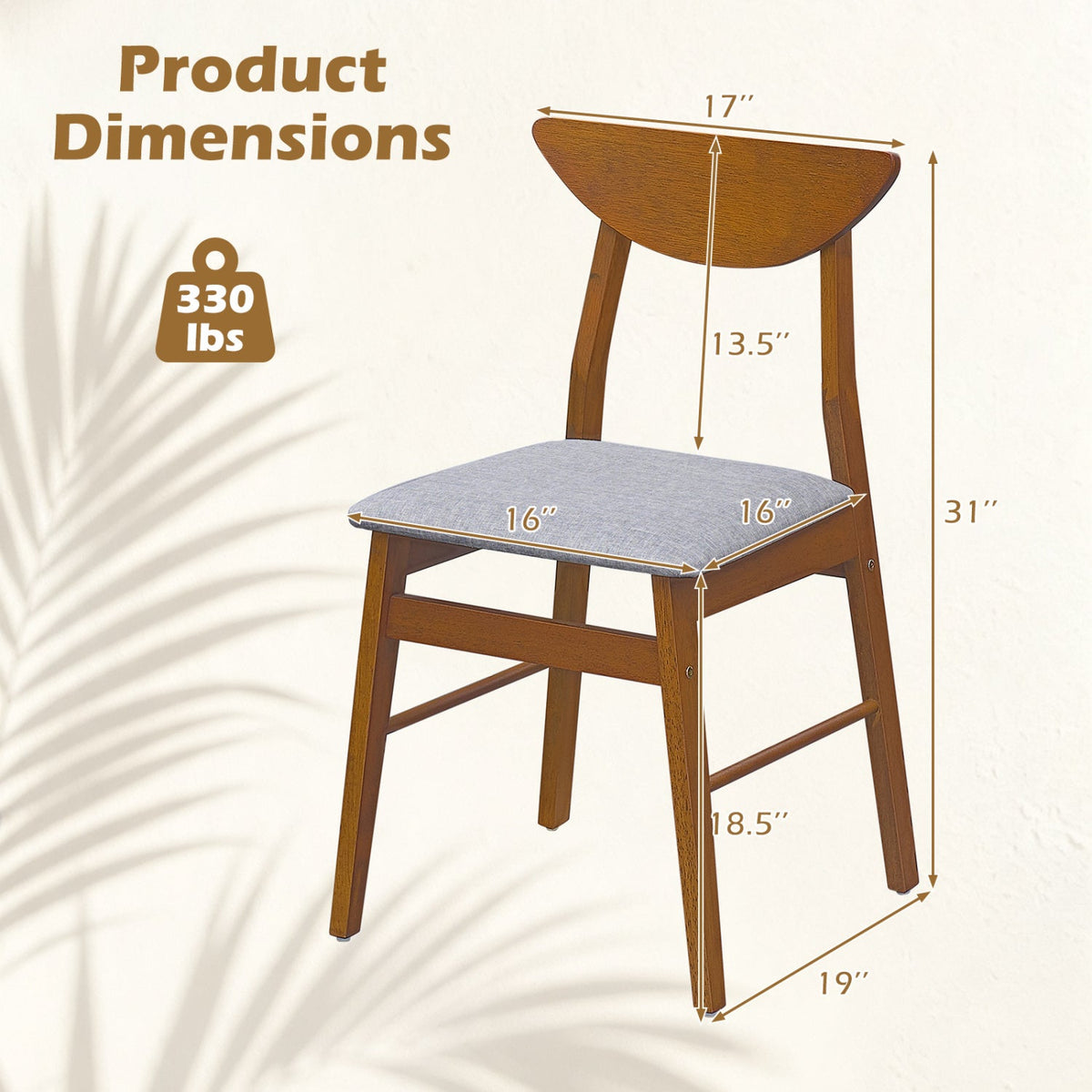 Set of 4 Walnut Dining Chairs with Curved Backrest and Padded Grey Seat