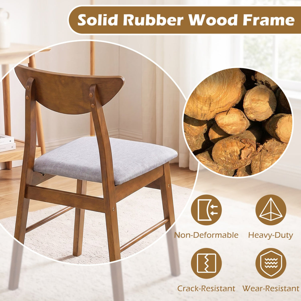 Set of 4 Walnut Dining Chairs with Curved Backrest and Padded Grey Seat