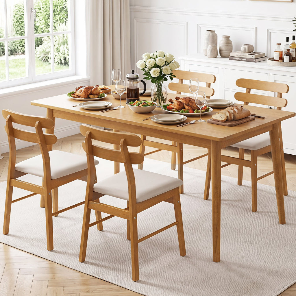 Set of 4 Natural Wood Dining Chairs with Twin Rail Back and Padded Linen Seat