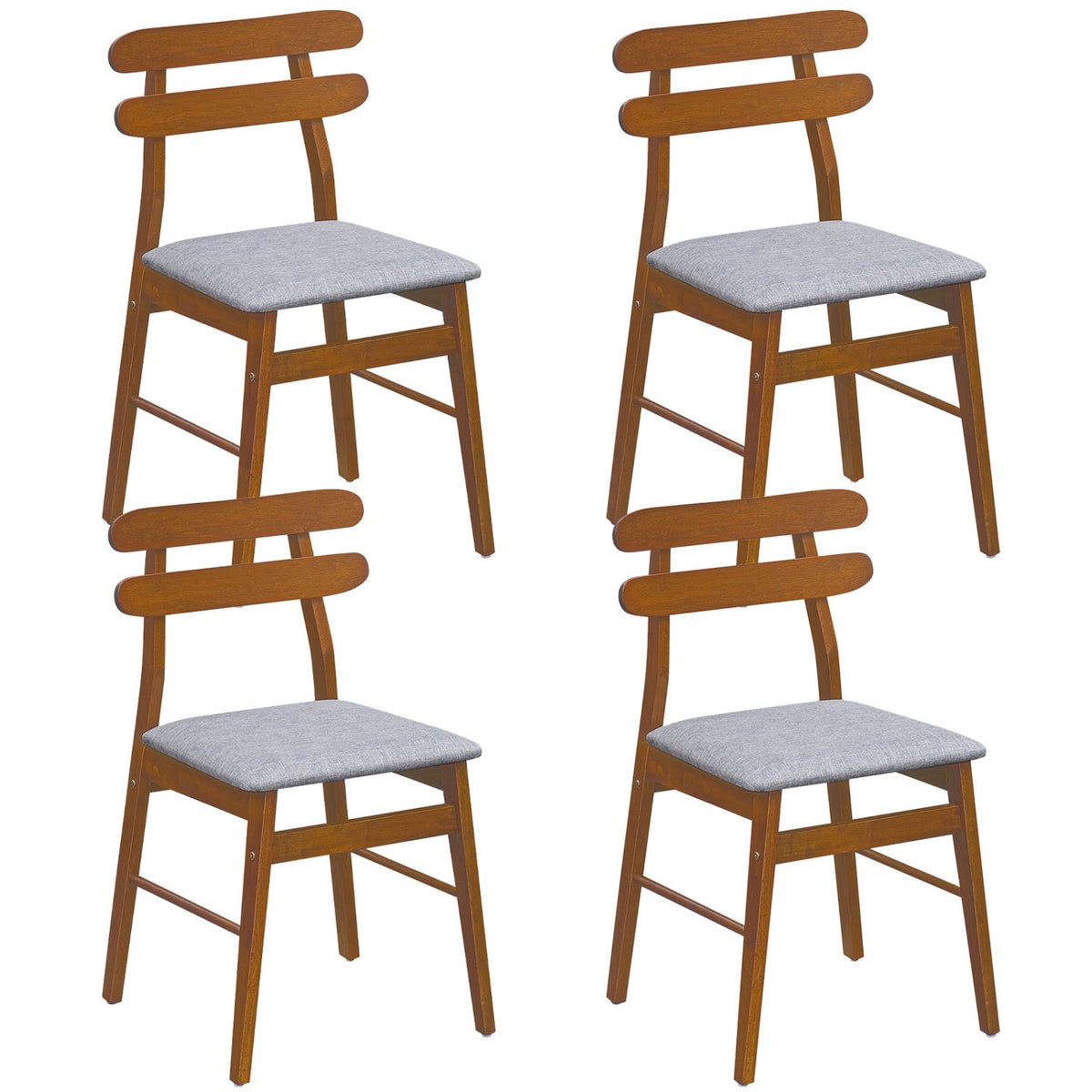 Set of 4 Walnut Dining Chairs with Twin Rail Back and Padded Grey Linen Seat