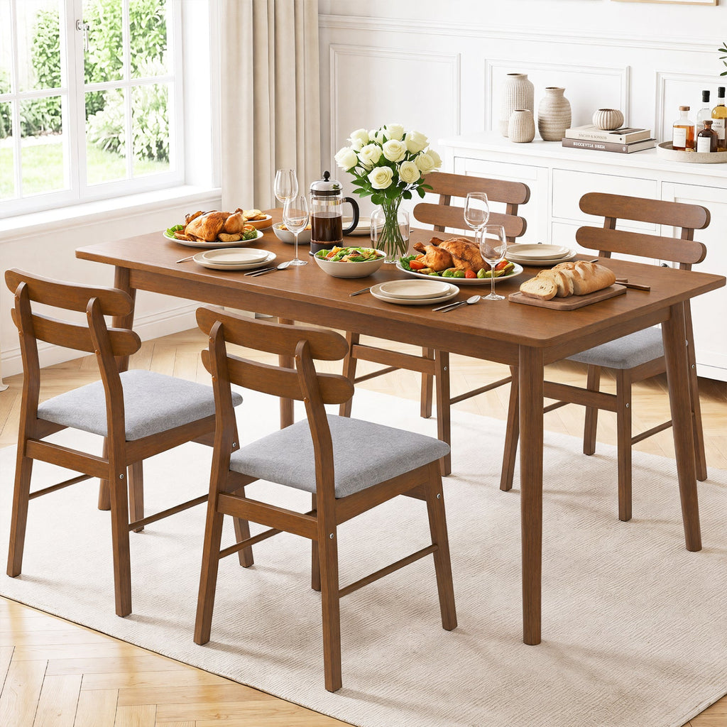 Set of 4 Walnut Dining Chairs with Twin Rail Back and Padded Grey Linen Seat