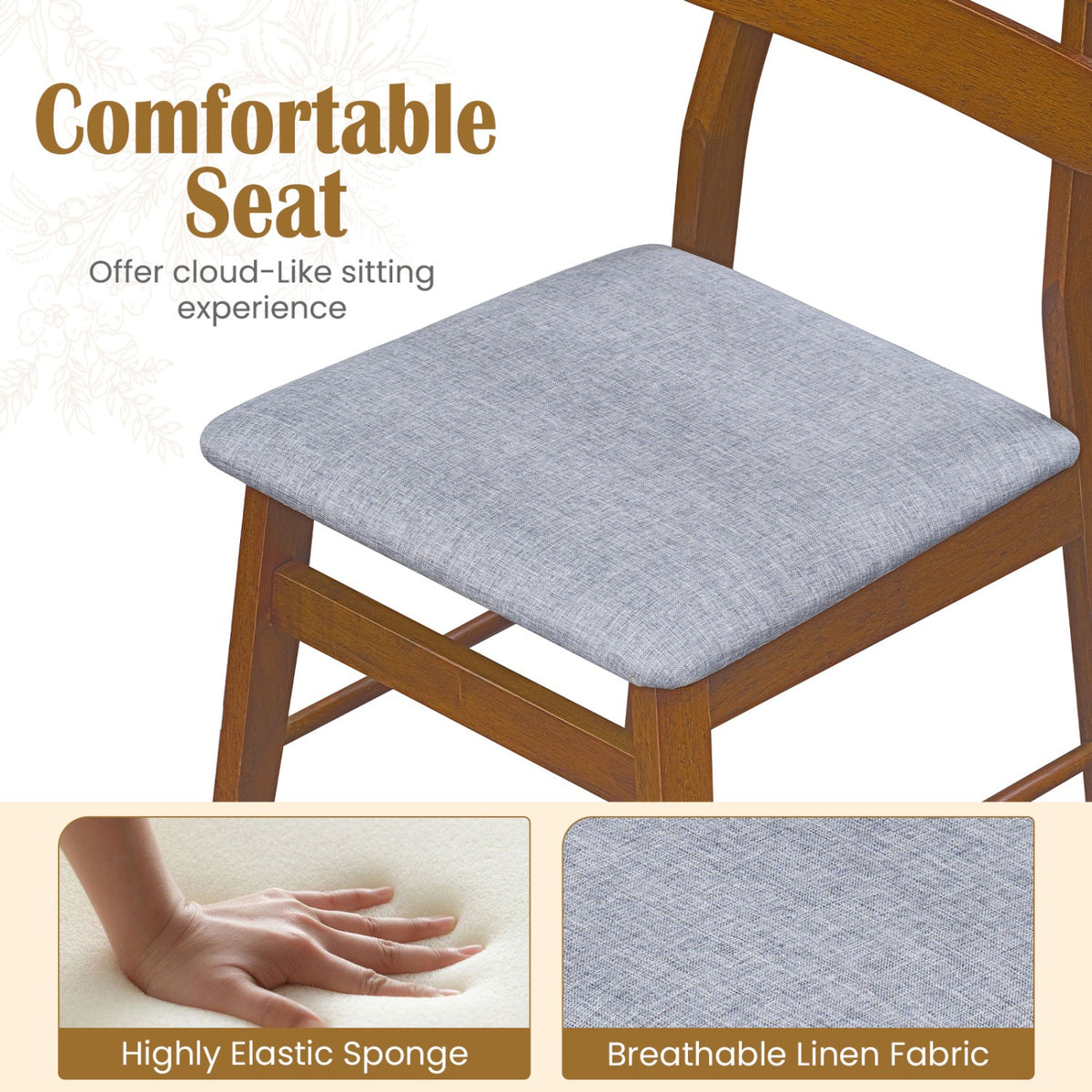 Set of 4 Walnut Dining Chairs with Twin Rail Back and Padded Grey Linen Seat