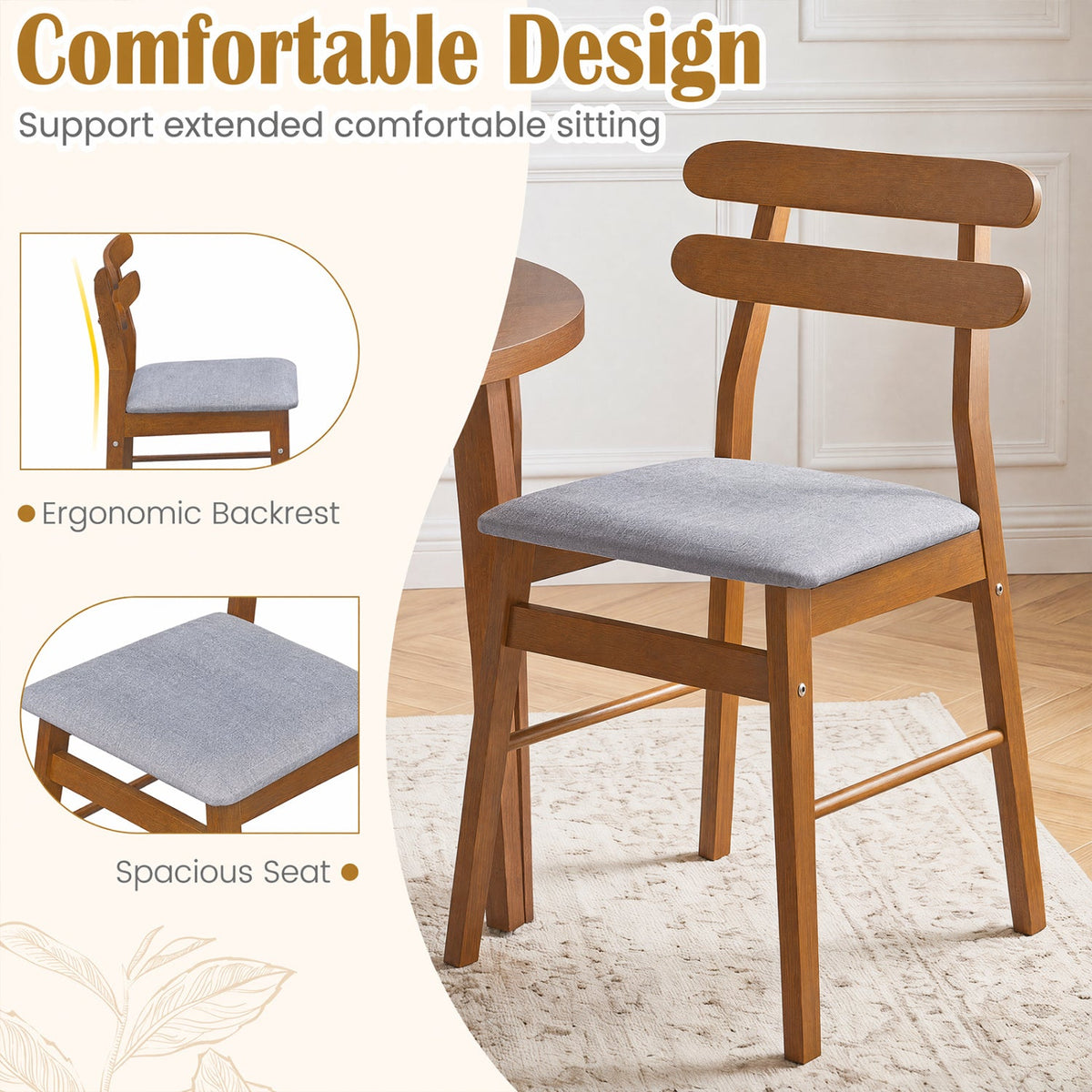 Set of 4 Walnut Dining Chairs with Twin Rail Back and Padded Grey Linen Seat