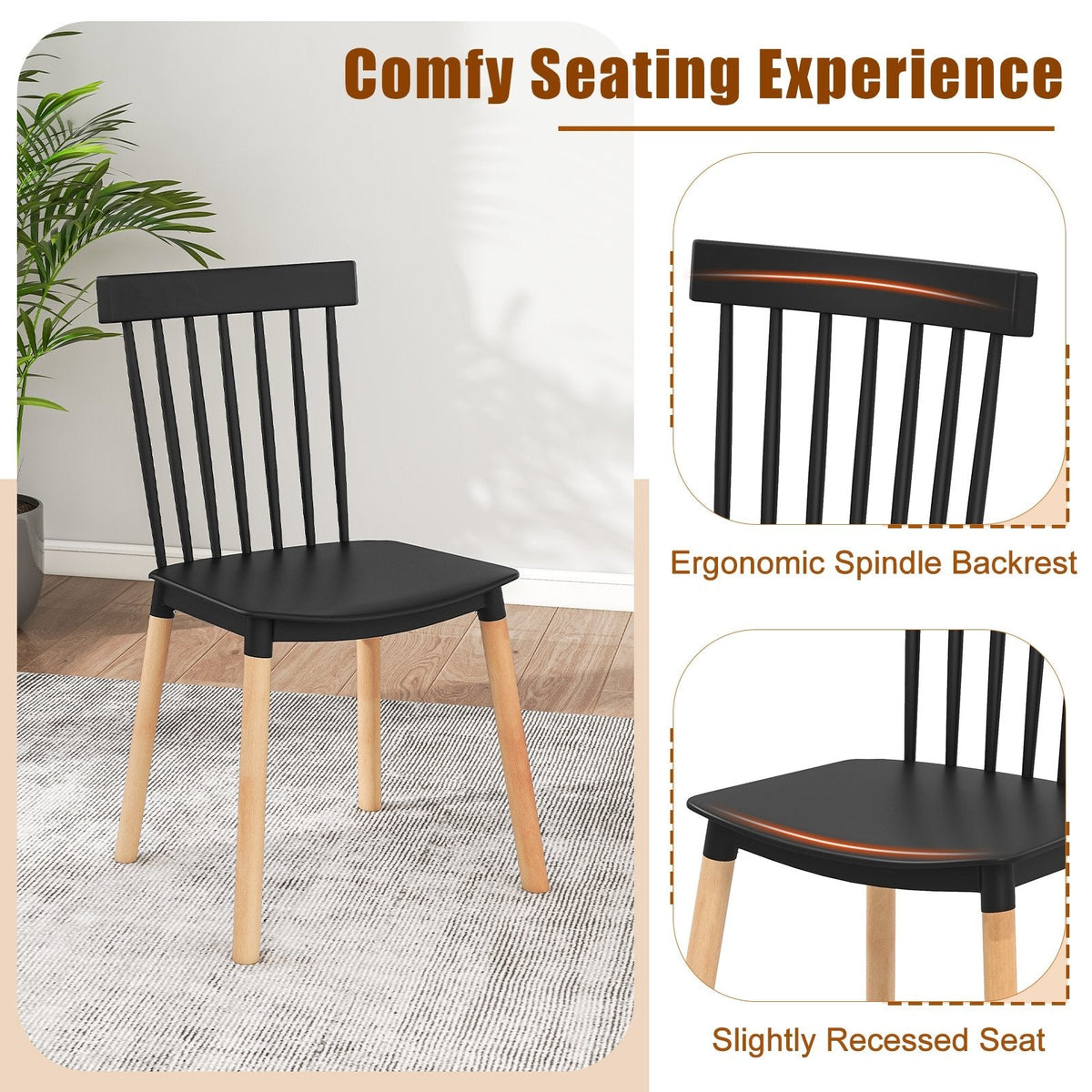 Set of 4 Windsor Dining Chairs with Spindle Backs and Beech Legs, Black