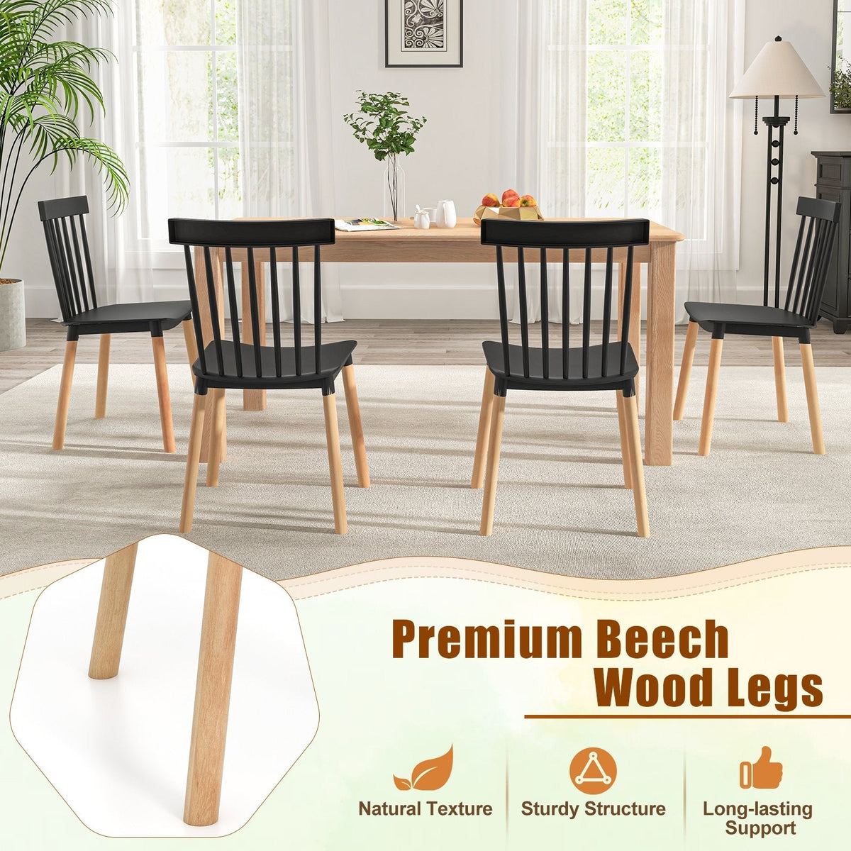Set of 4 Windsor Dining Chairs with Spindle Backs and Beech Legs, Black