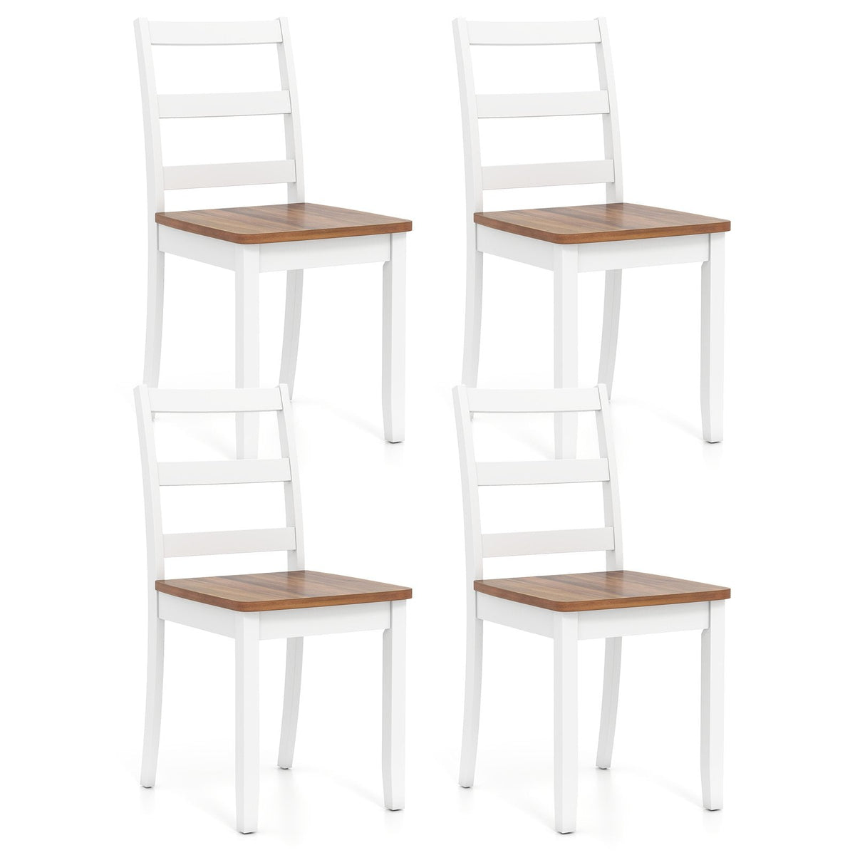 Set of 4 Two Tone Ladder Back Dining Chairs, White Frame with Rustic Brown Seat
