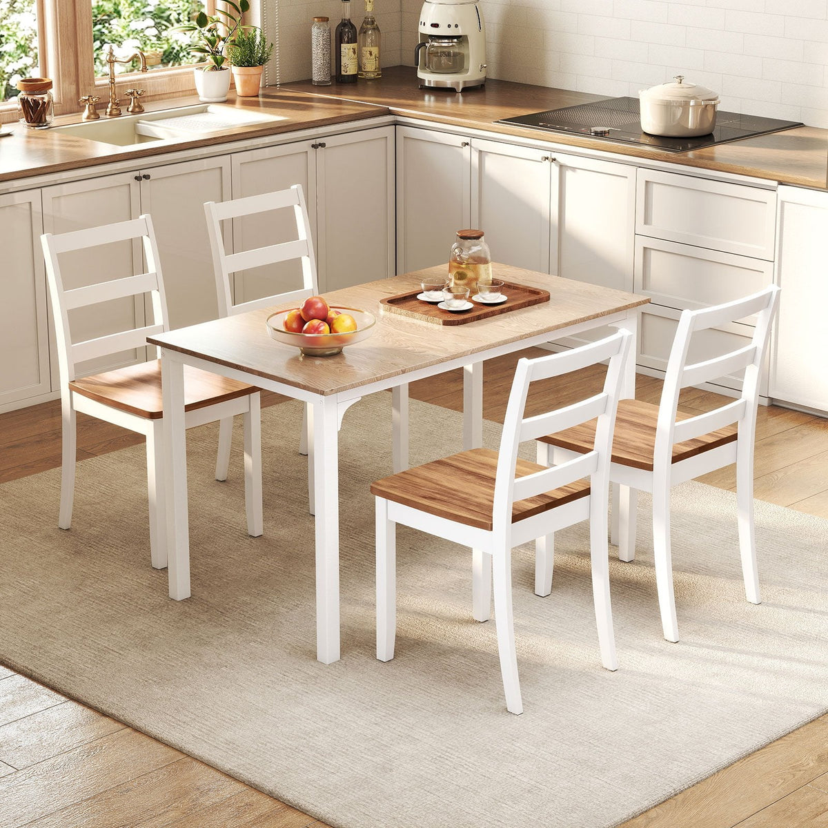Set of 4 Two Tone Ladder Back Dining Chairs, White Frame with Rustic Brown Seat