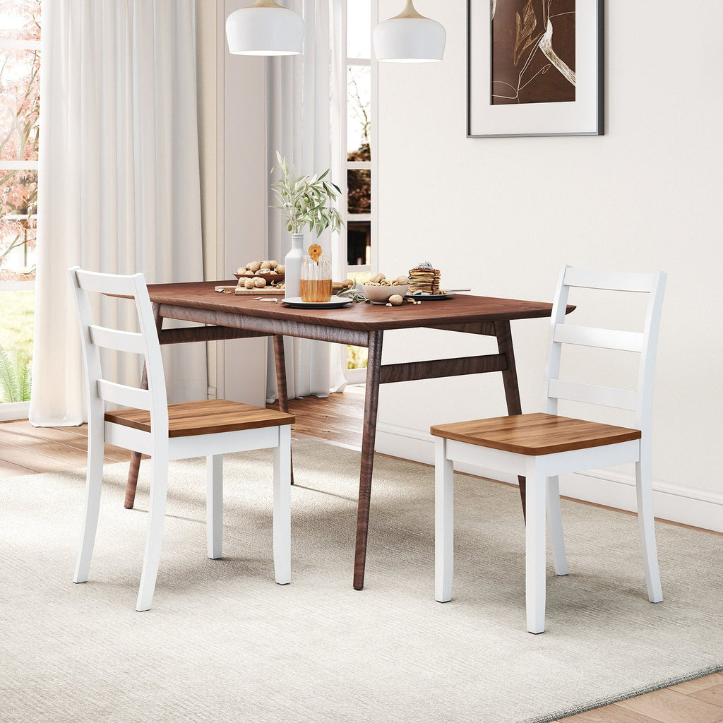 Set of 4 Two Tone Ladder Back Dining Chairs, White Frame with Rustic Brown Seat