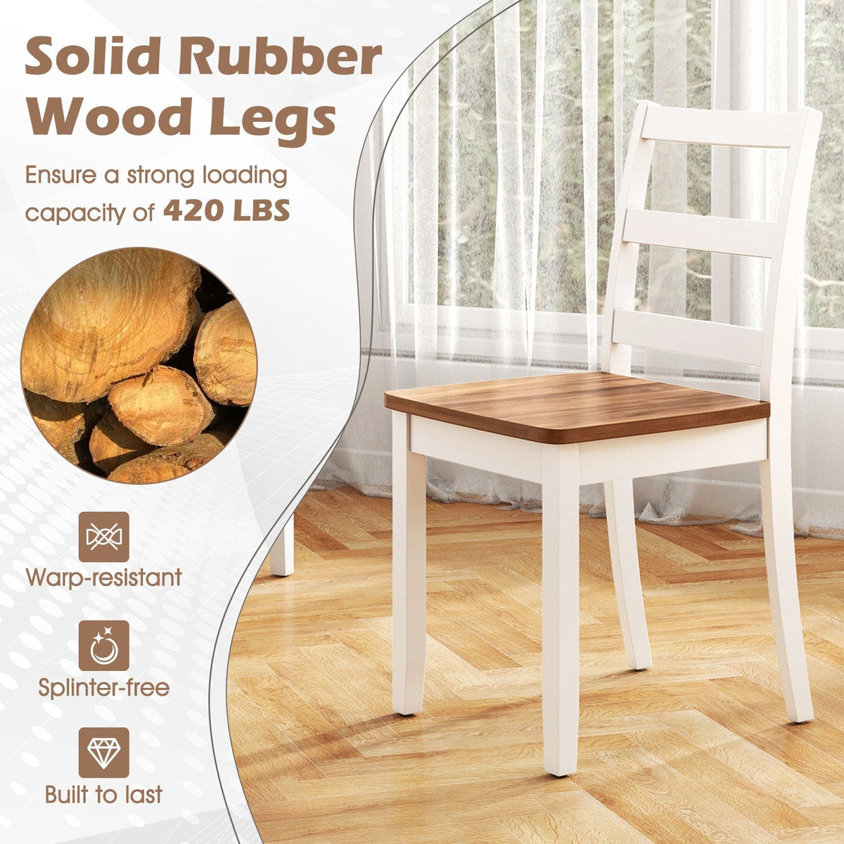 Set of 4 Two Tone Ladder Back Dining Chairs, White Frame with Rustic Brown Seat