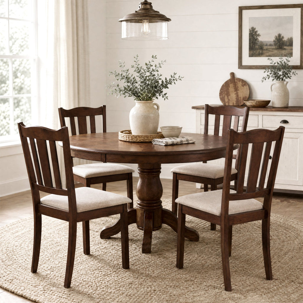 Set of 4 Walnut Dining Chairs with Hollow Back and Padded Cream Seat