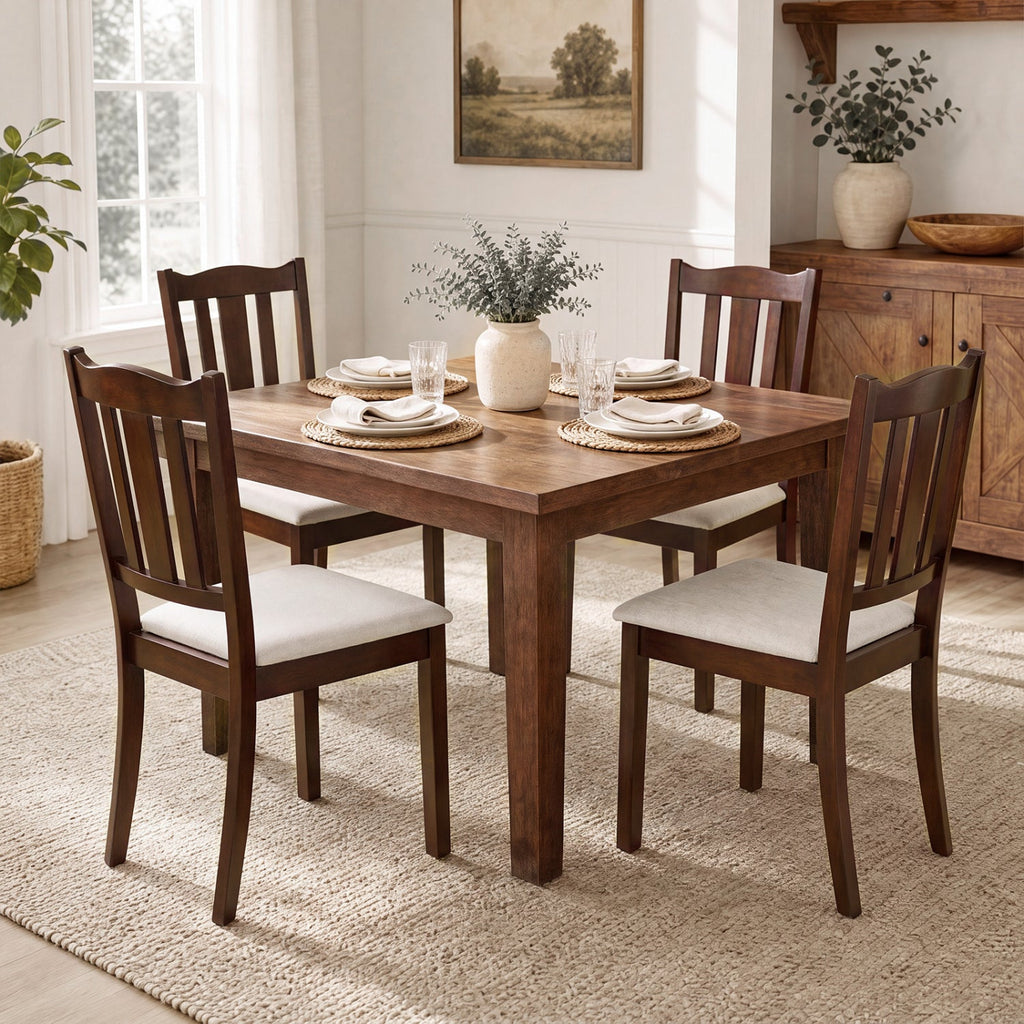 Set of 4 Walnut Dining Chairs with Hollow Back and Padded Cream Seat