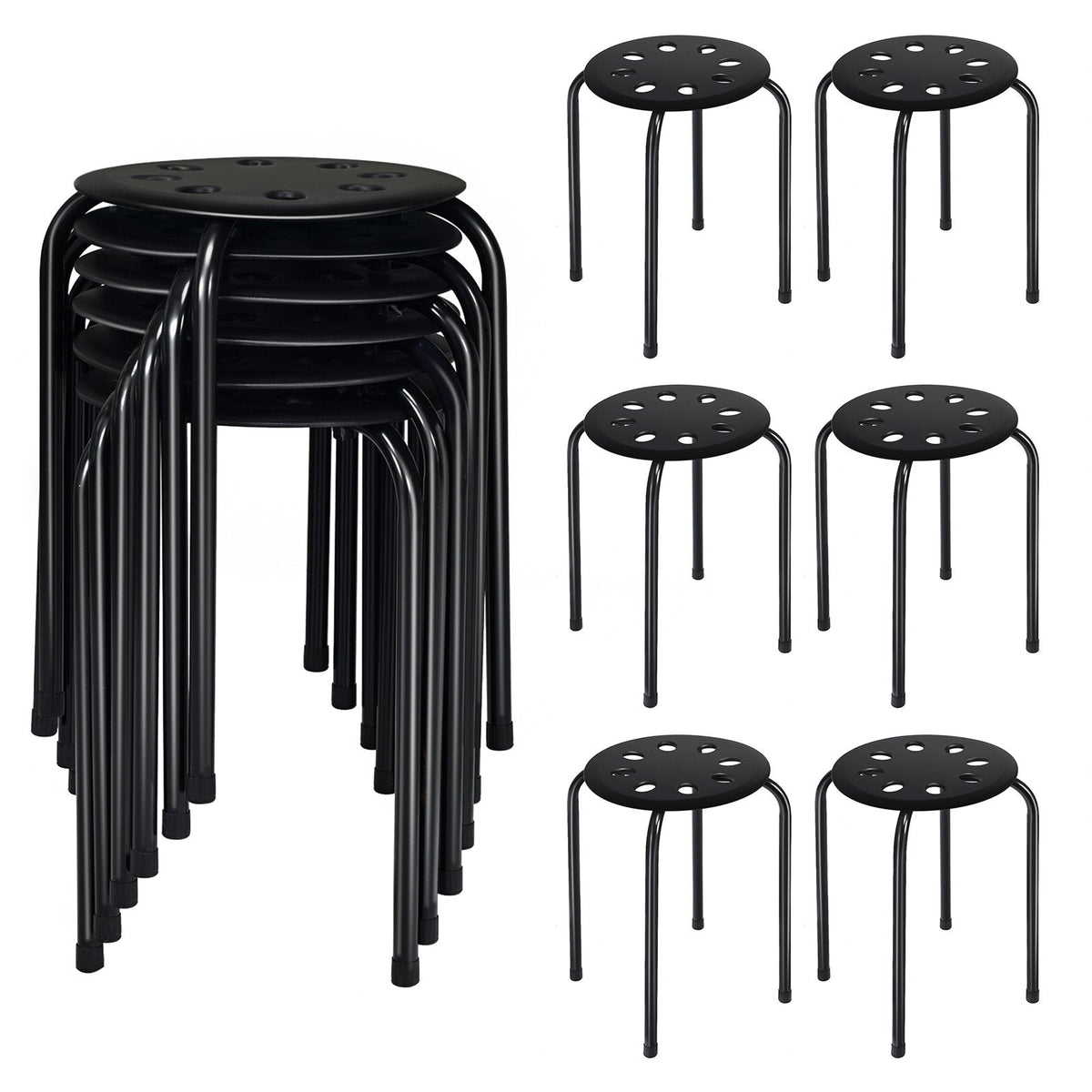 Set of 6 Stackable Backless Stools with Vented Plastic Seat, Black