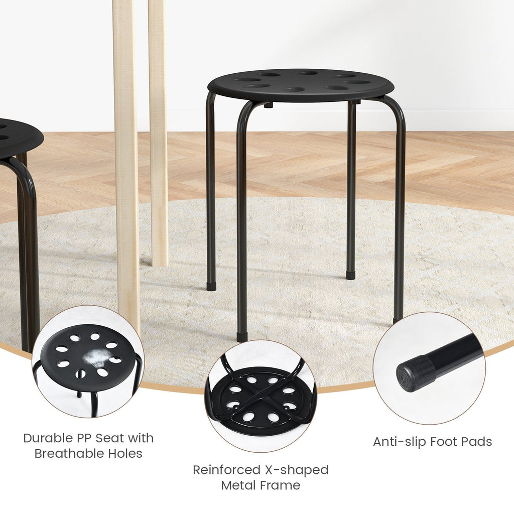 Set of 6 Stackable Backless Stools with Vented Plastic Seat, Black