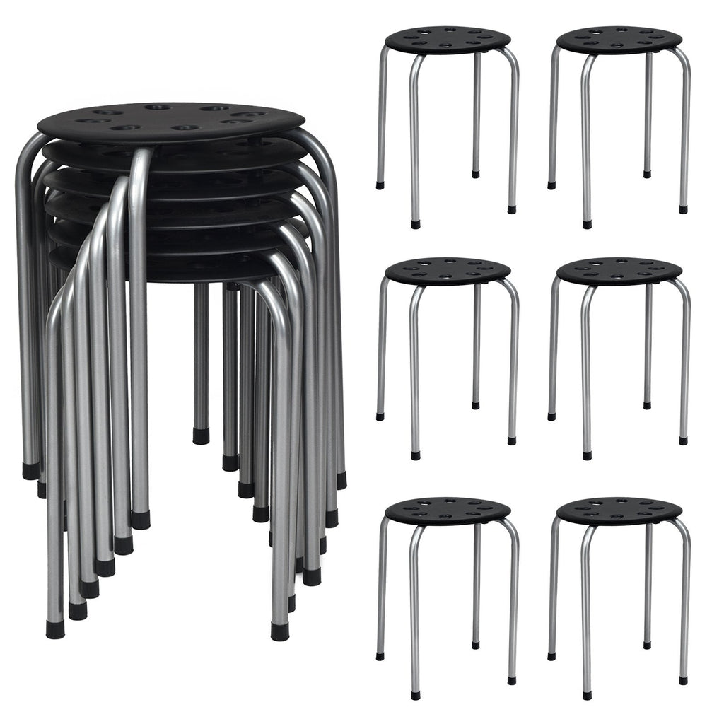 Set of 6 Stackable Backless Stools with Vented Plastic Seat and Grey Frame