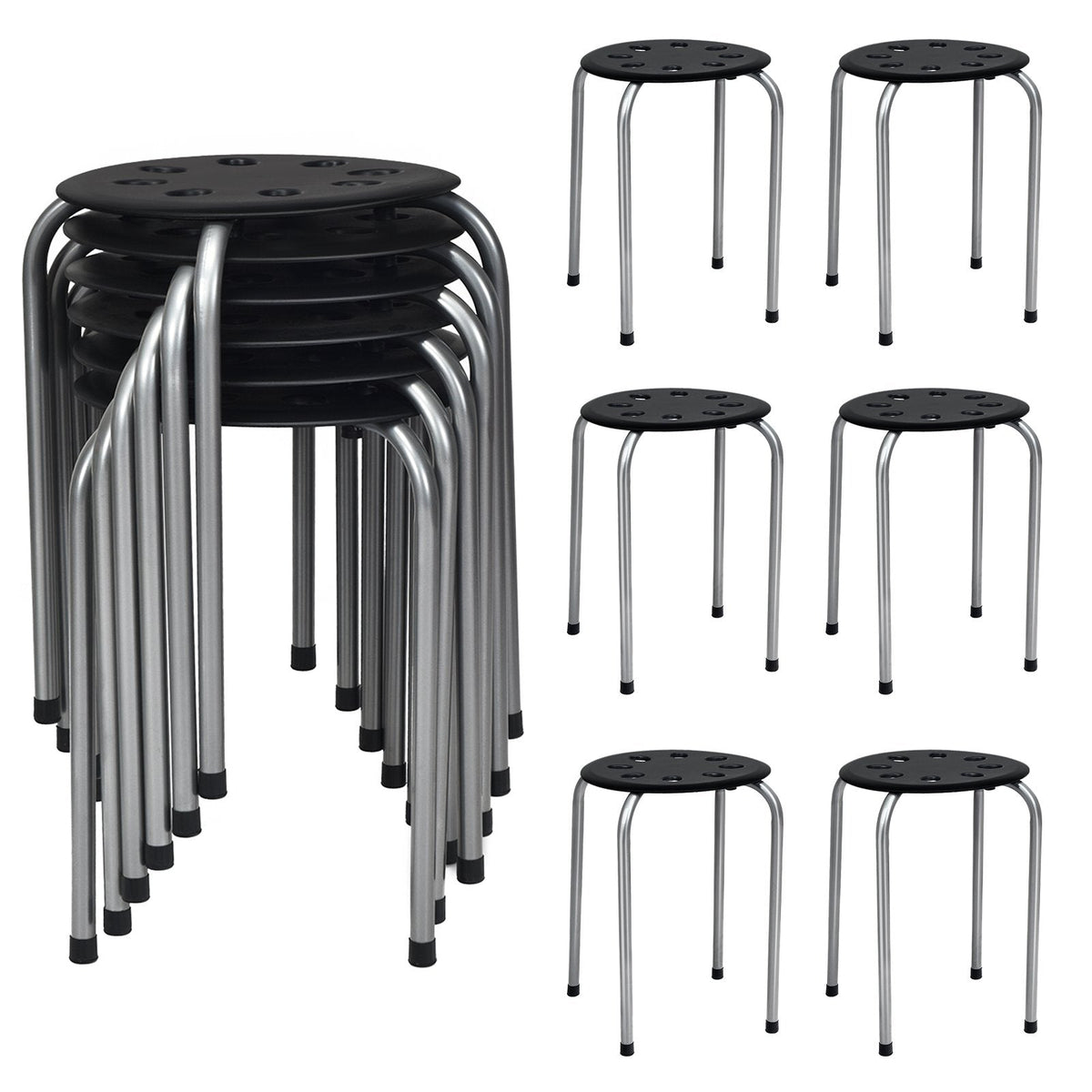 Set of 6 Stackable Backless Stools with Vented Plastic Seat and Grey Frame