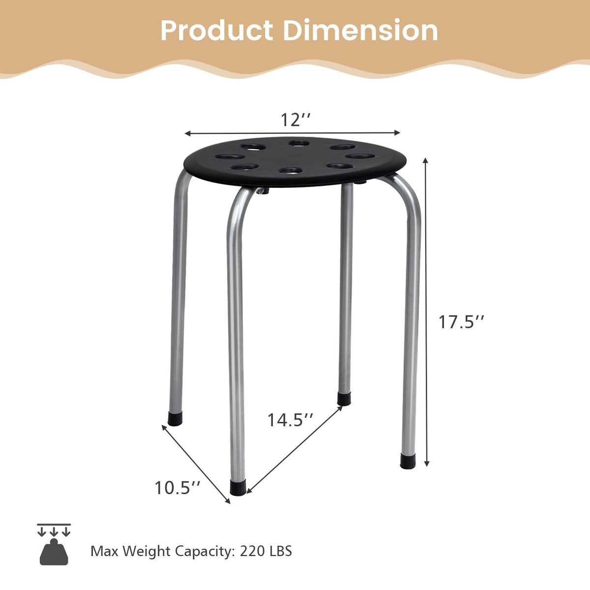 Set of 6 Stackable Backless Stools with Vented Plastic Seat and Grey Frame