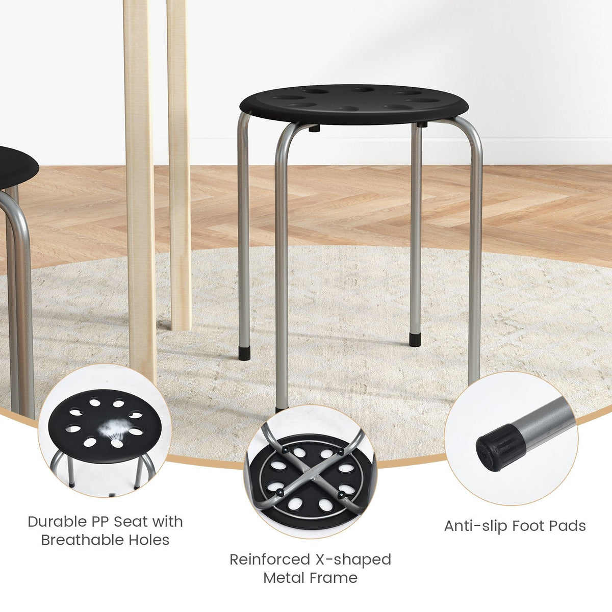 Set of 6 Stackable Backless Stools with Vented Plastic Seat and Grey Frame