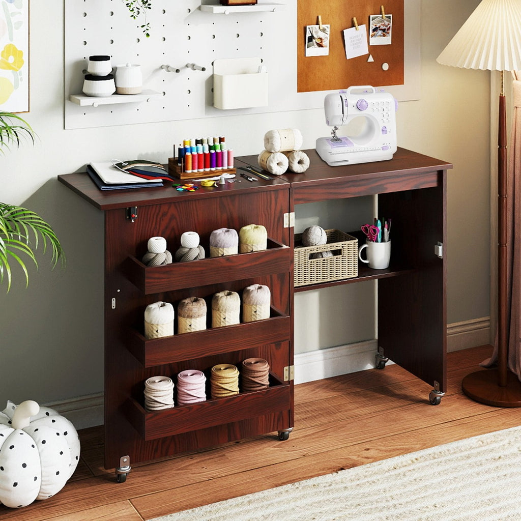 Sewing Machine Table with Charging Station and Lockable Casters-Brown
