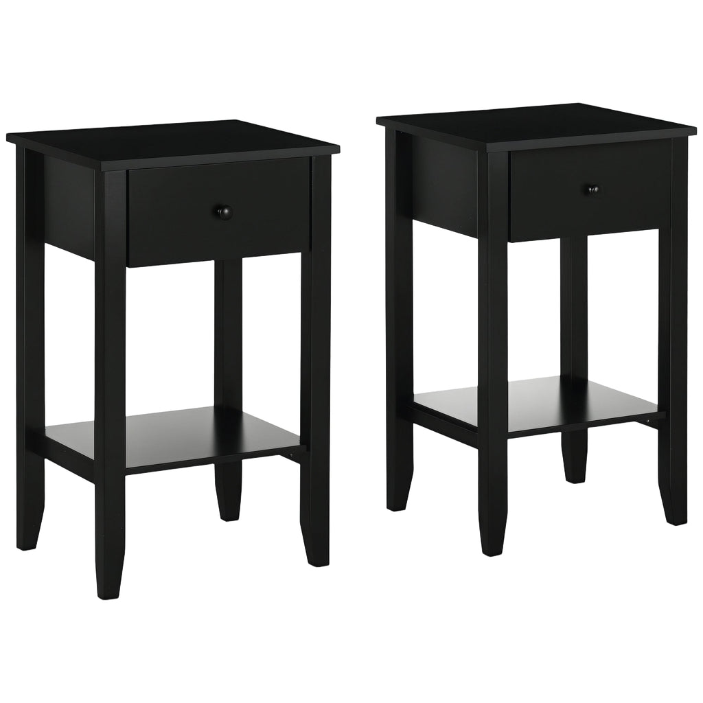 Side Table Set of 2, End Tables with Drawer and Bottom Shelf, 2-tier Nightstand for Bedroom, Living Room, Black