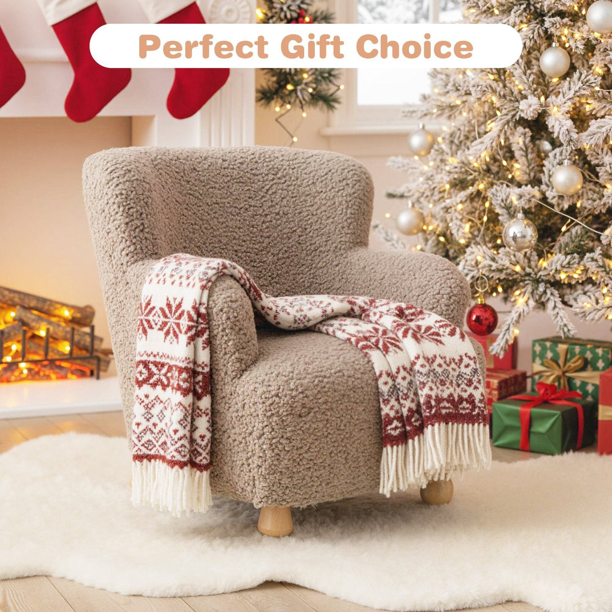 Sherpa Kids Sofa Comfy Toddler Armchair with Solid Rubber Wood Legs-Rustic Brown