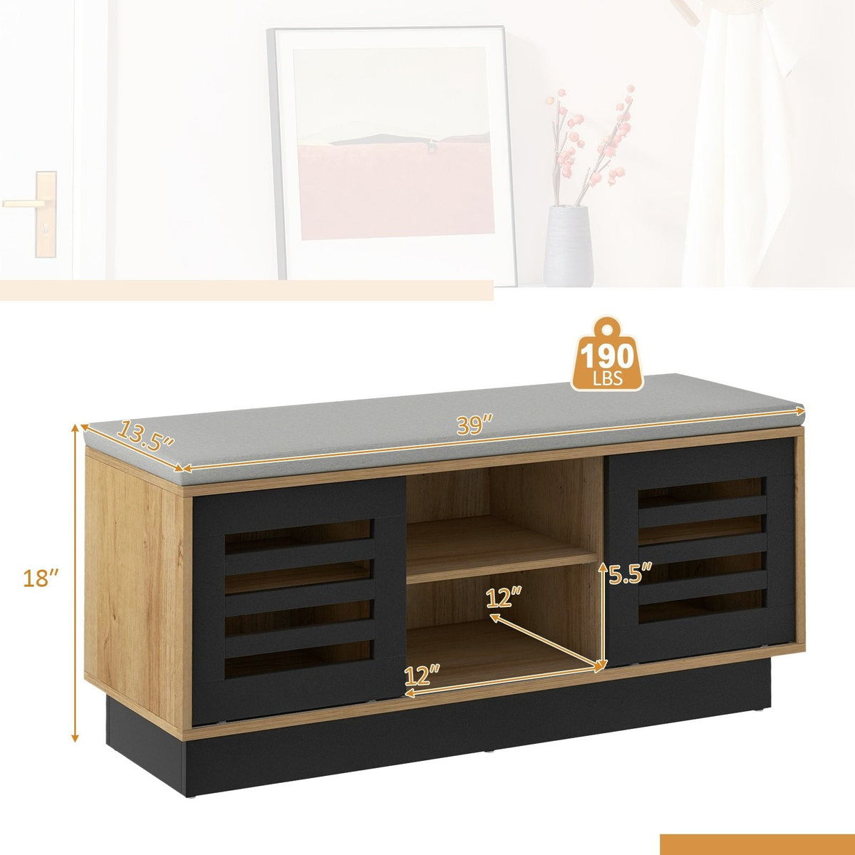 Shoe Bench with 6 Storage Compartments and 3 Adjustable Shelves-Natural