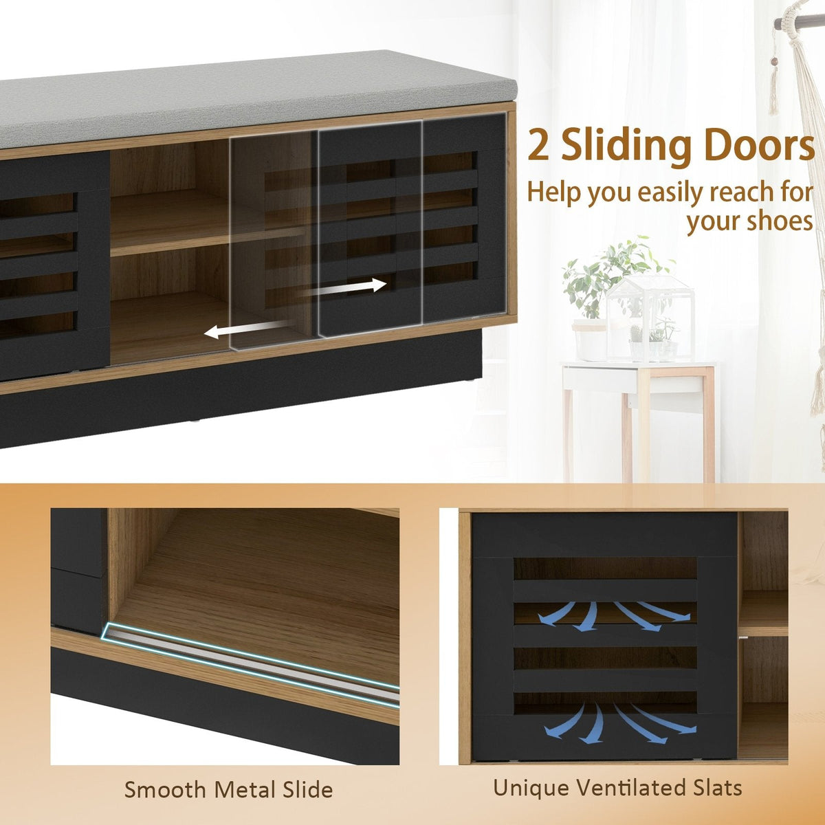 Shoe Bench with 6 Storage Compartments and 3 Adjustable Shelves-Natural