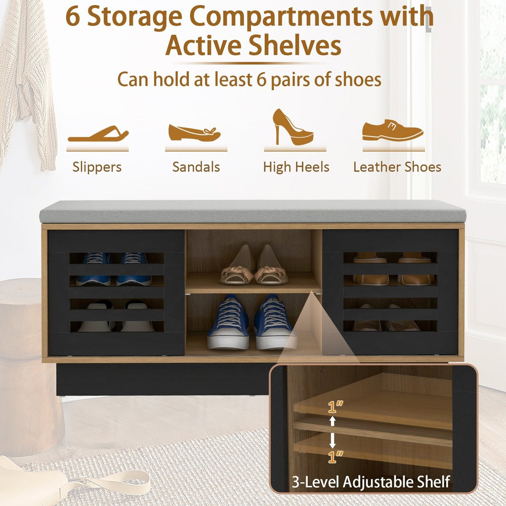 Shoe Bench with 6 Storage Compartments and 3 Adjustable Shelves-Natural