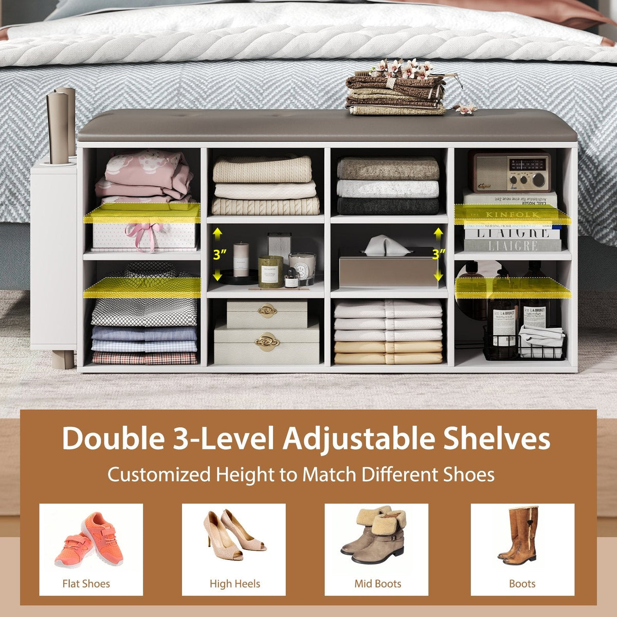 Shoe Storage Bench with Umbrella Stand and Adjustable Shelf-White