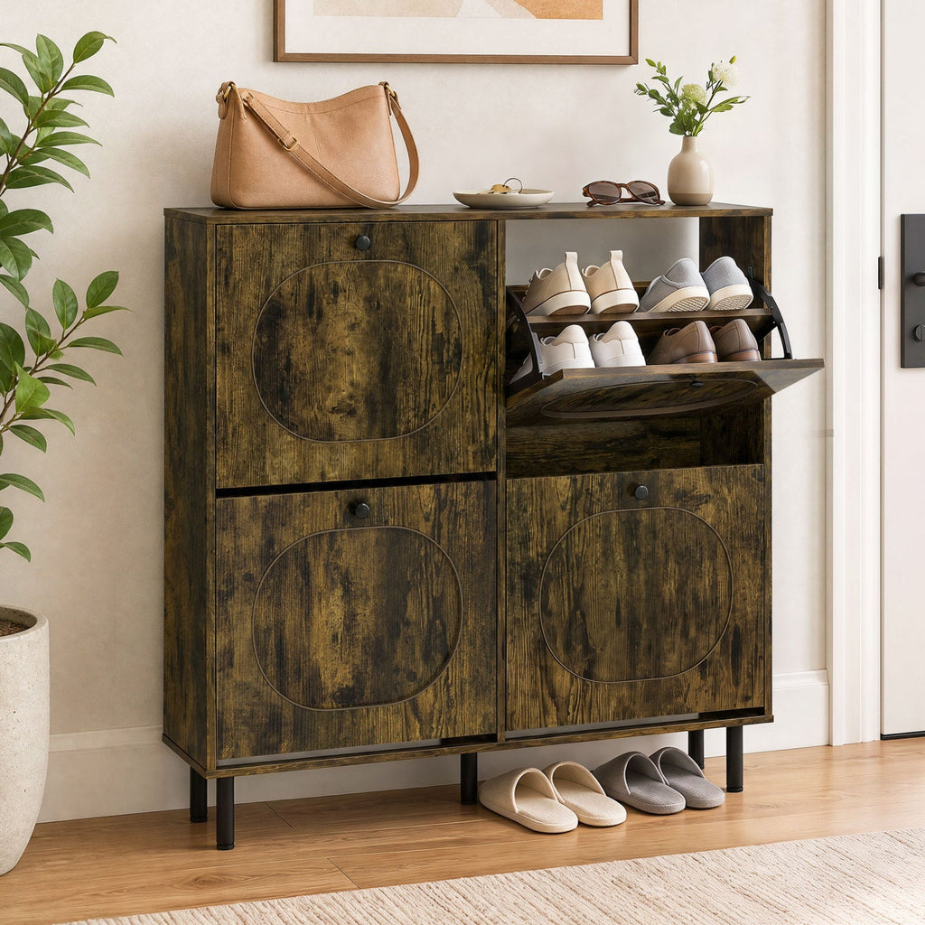 Shoe Storage Cabinet with 4 Flip Drawers and Aluminum Legs for Foyer and Hallway-Rustic Brown
