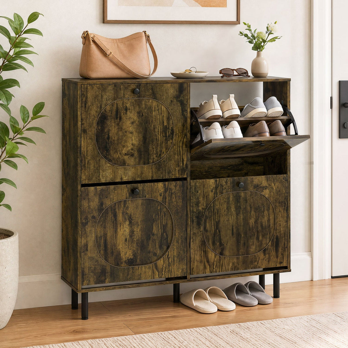 Shoe Storage Cabinet with 4 Flip Drawers and Aluminum Legs for Foyer and Hallway-Rustic Brown