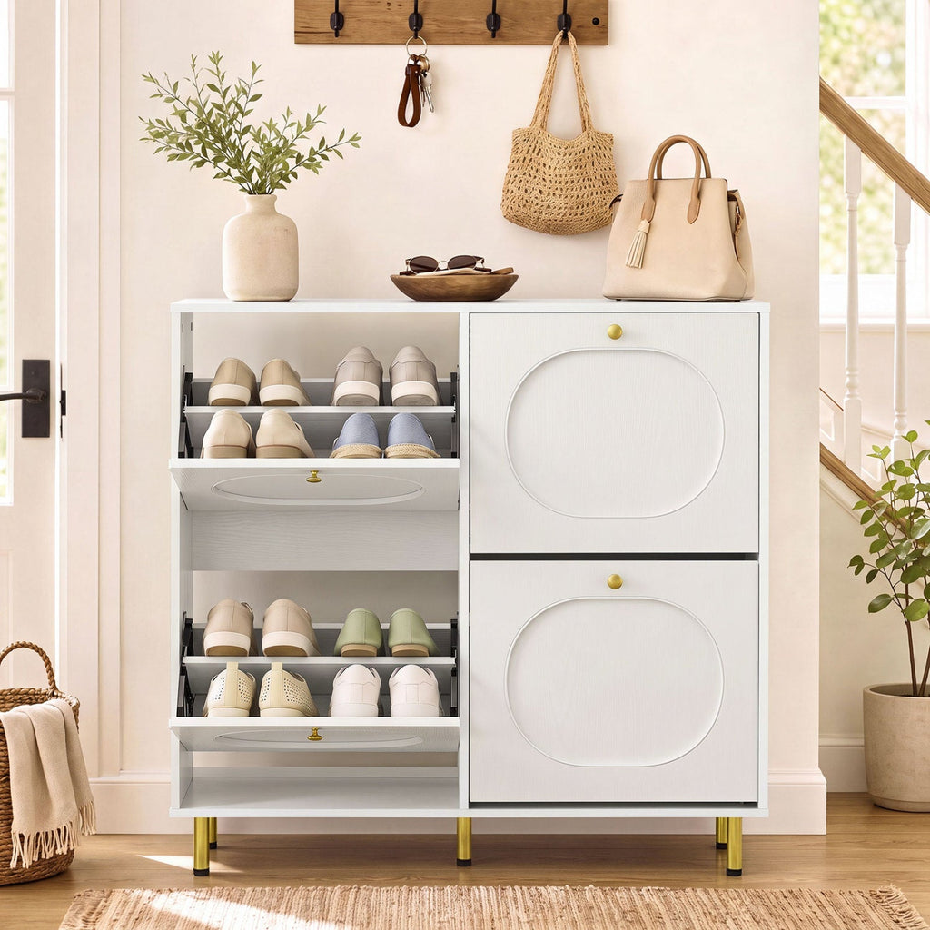Shoe Storage Cabinet with 4 Flip Drawers and Aluminum Legs-White