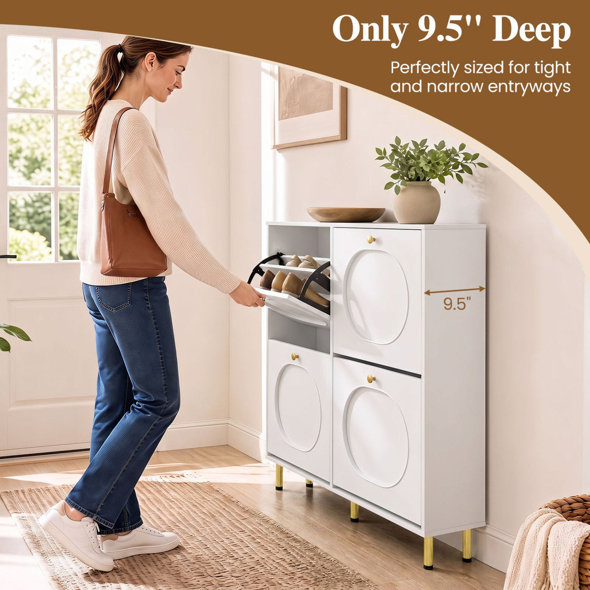 Shoe Storage Cabinet with 4 Flip Drawers and Aluminum Legs-White