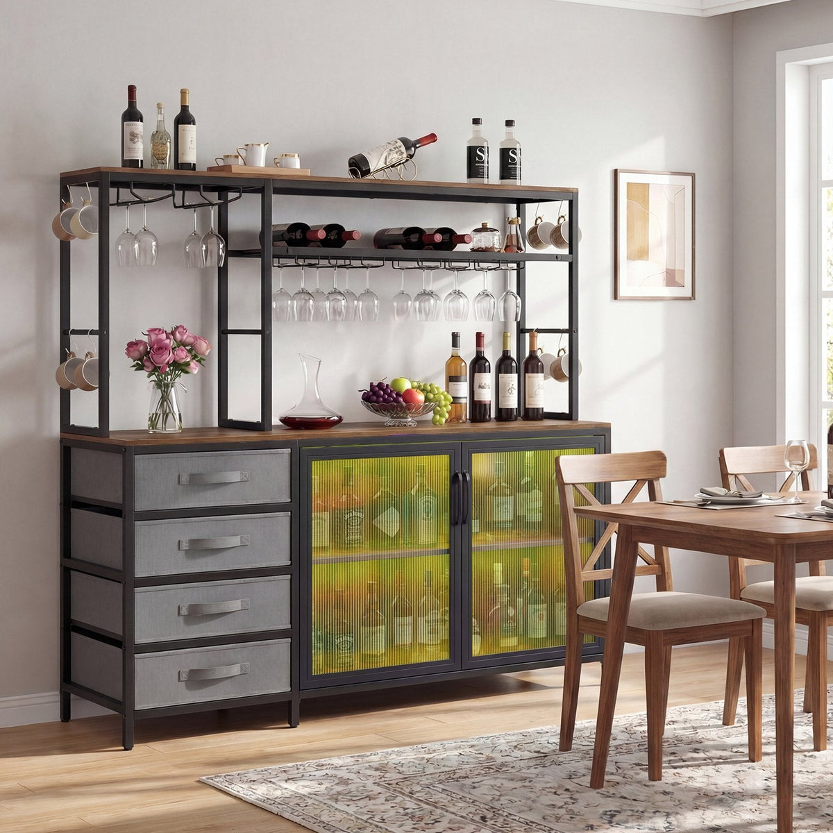 Sideboard Buffet Cabinet with LED Lights 55 inch Coffee Table with Power Outlets-Rustic Brown