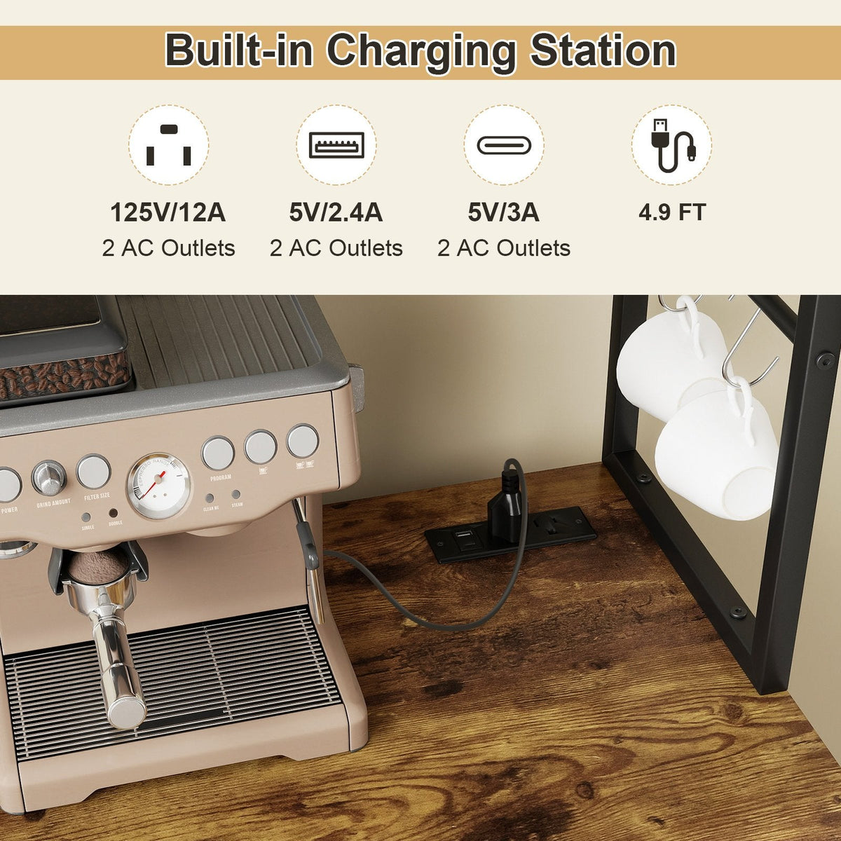Sideboard Buffet Cabinet with LED Lights 55 inch Coffee Table with Power Outlets-Rustic Brown