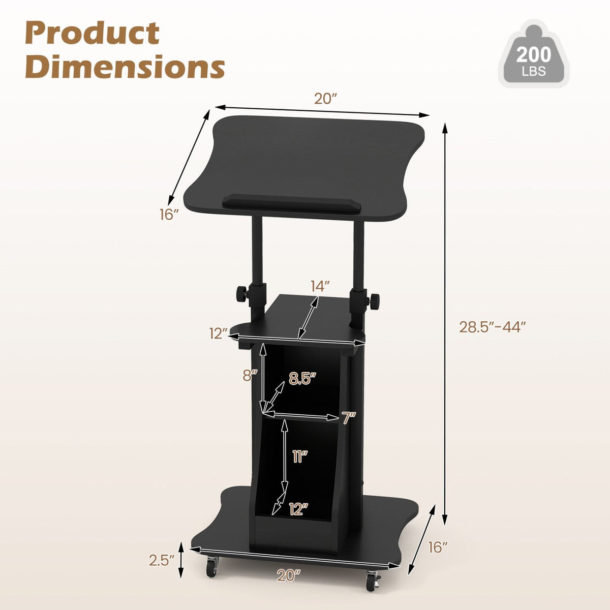 Sit-to-Stand Laptop Desk Cart Height Adjustable with Storage-Black