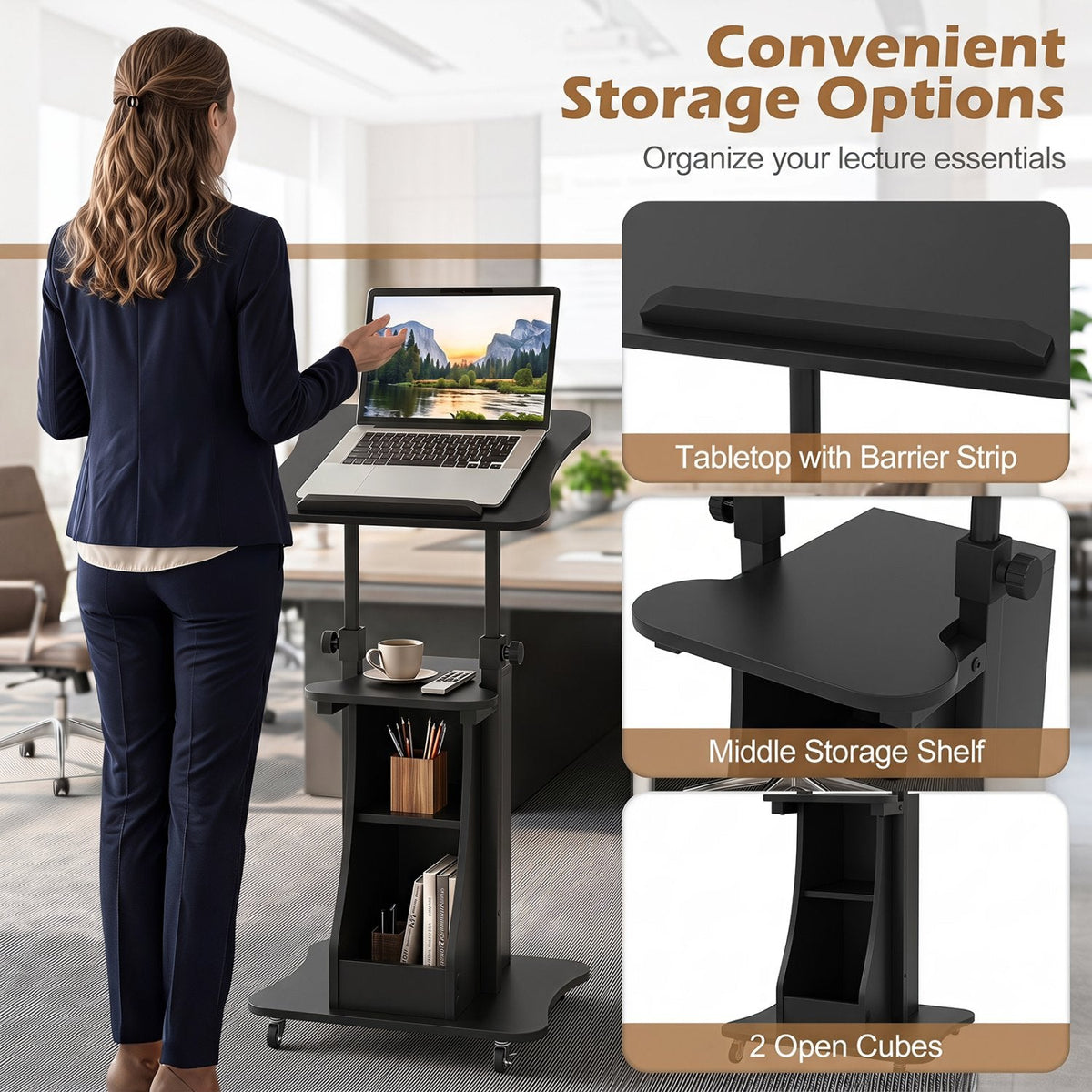 Sit-to-Stand Laptop Desk Cart Height Adjustable with Storage-Black