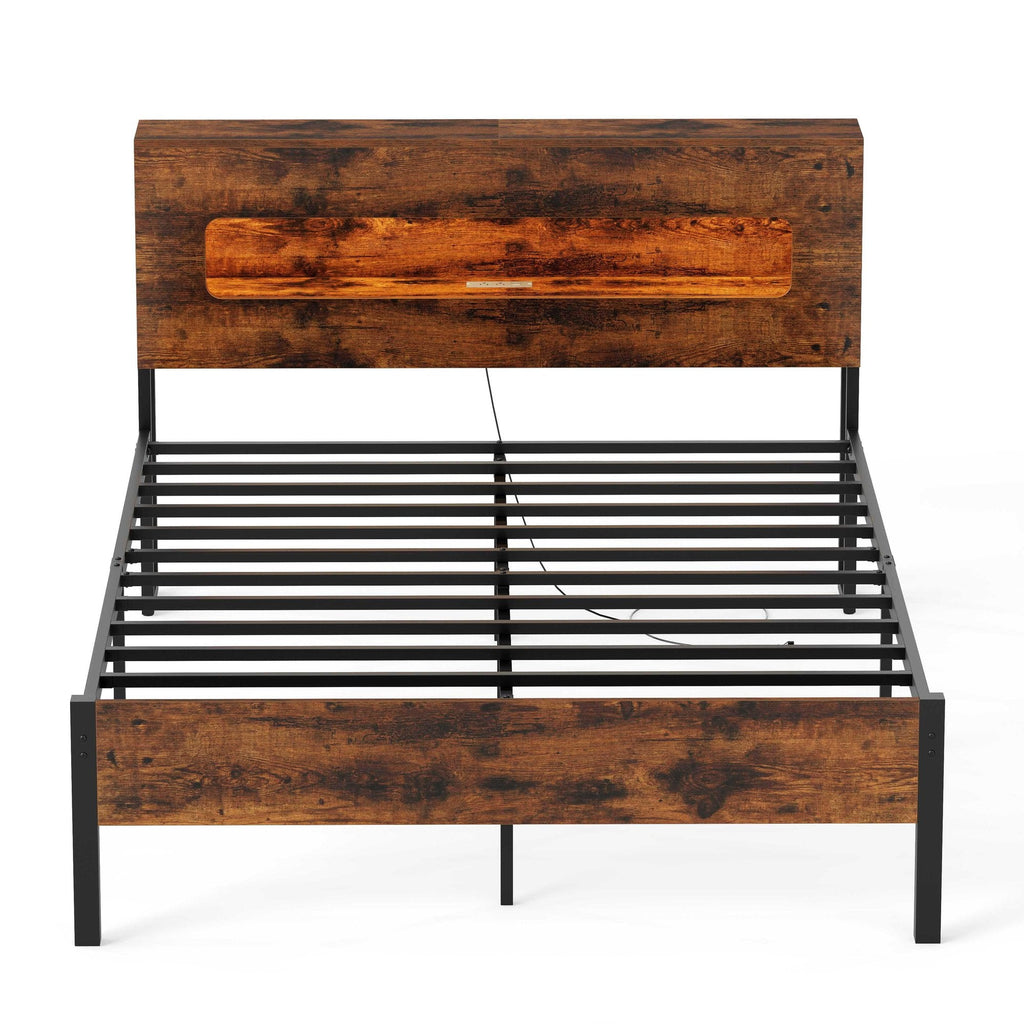Full Metal Bed with LED Lights, Storage Headboard and Charging Station